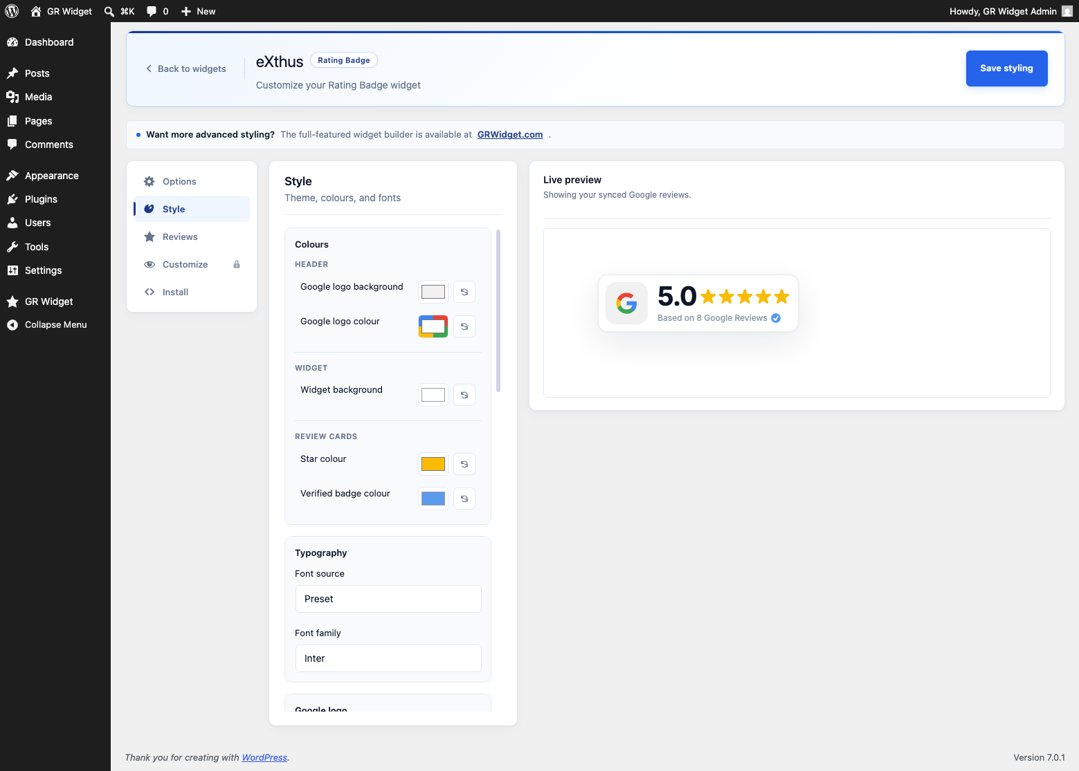 Style tab — customise colours and typography while the live preview updates instantly