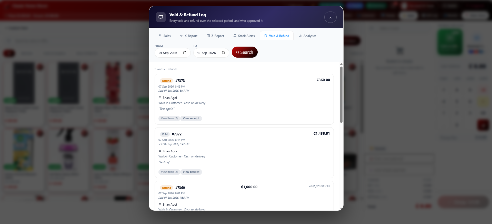 Sales Analytics showing daily trends and the top selling products