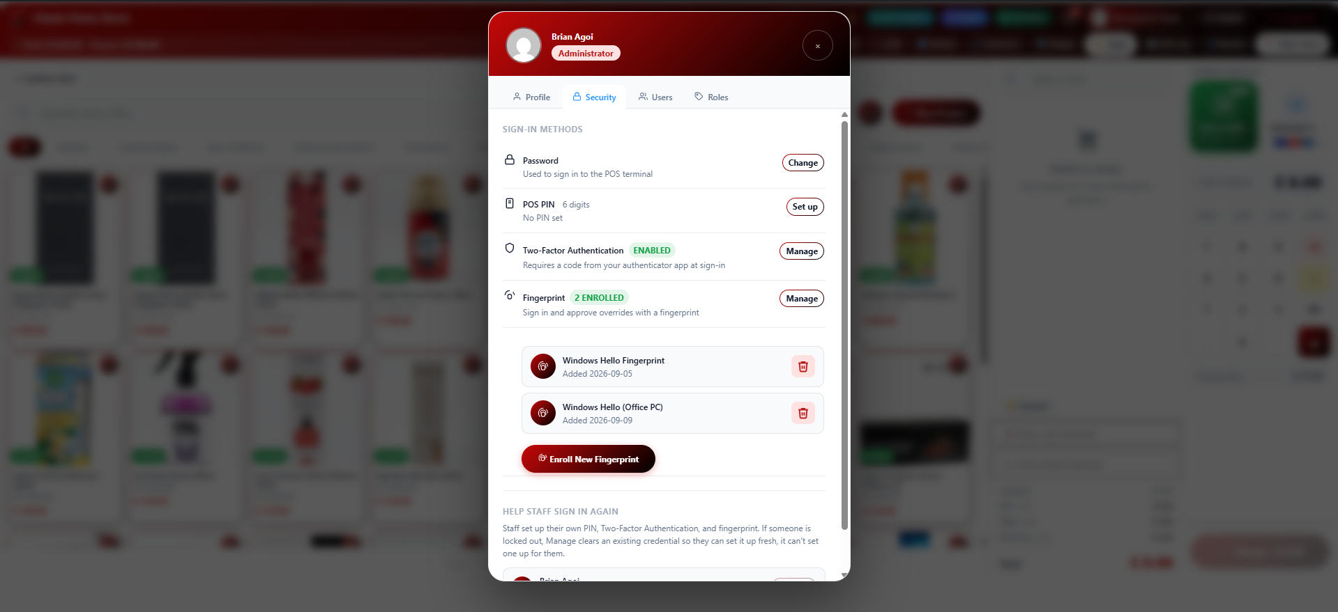 The Refund and Void screen for browsing past orders