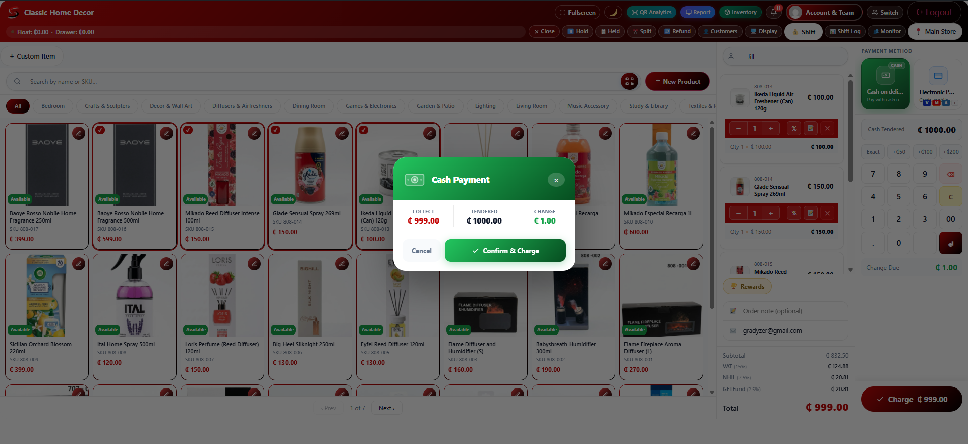 A printable receipt with itemized items and a barcode