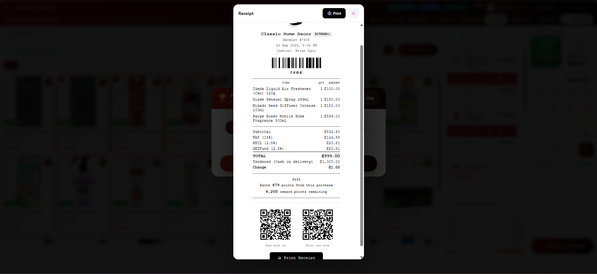 Awarding reward points to a customer at checkout