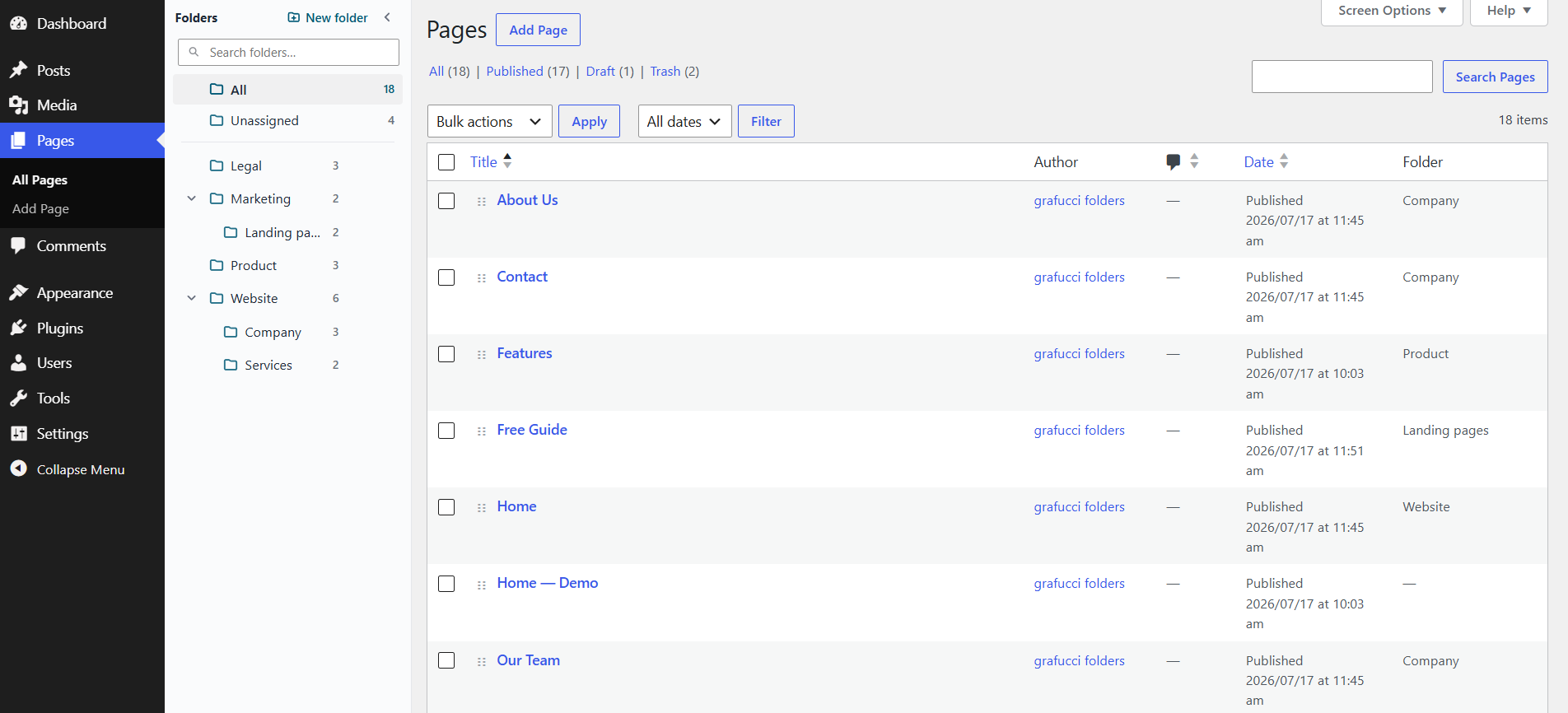 Pages list with the folder sidebar open