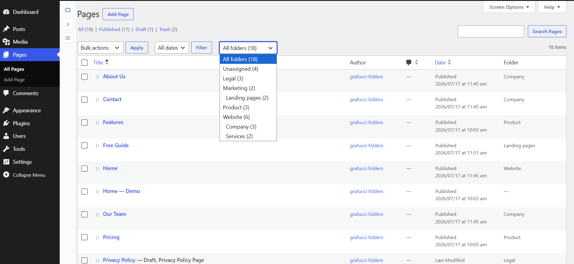 Pages with sidebar collapsed and folder filter dropdown