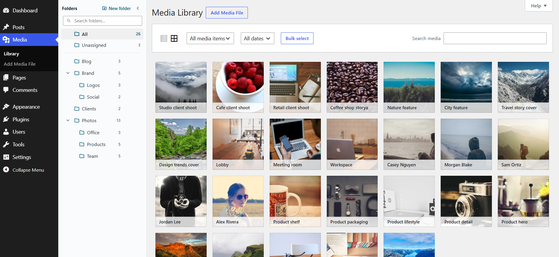 Media Library grid with folder sidebar