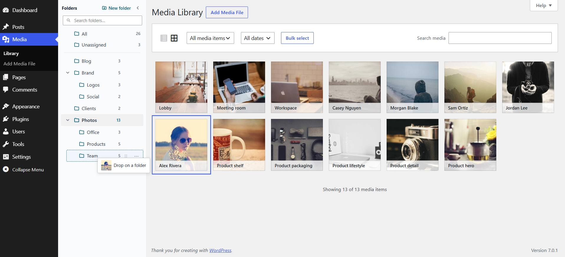 Drag and drop media into folders