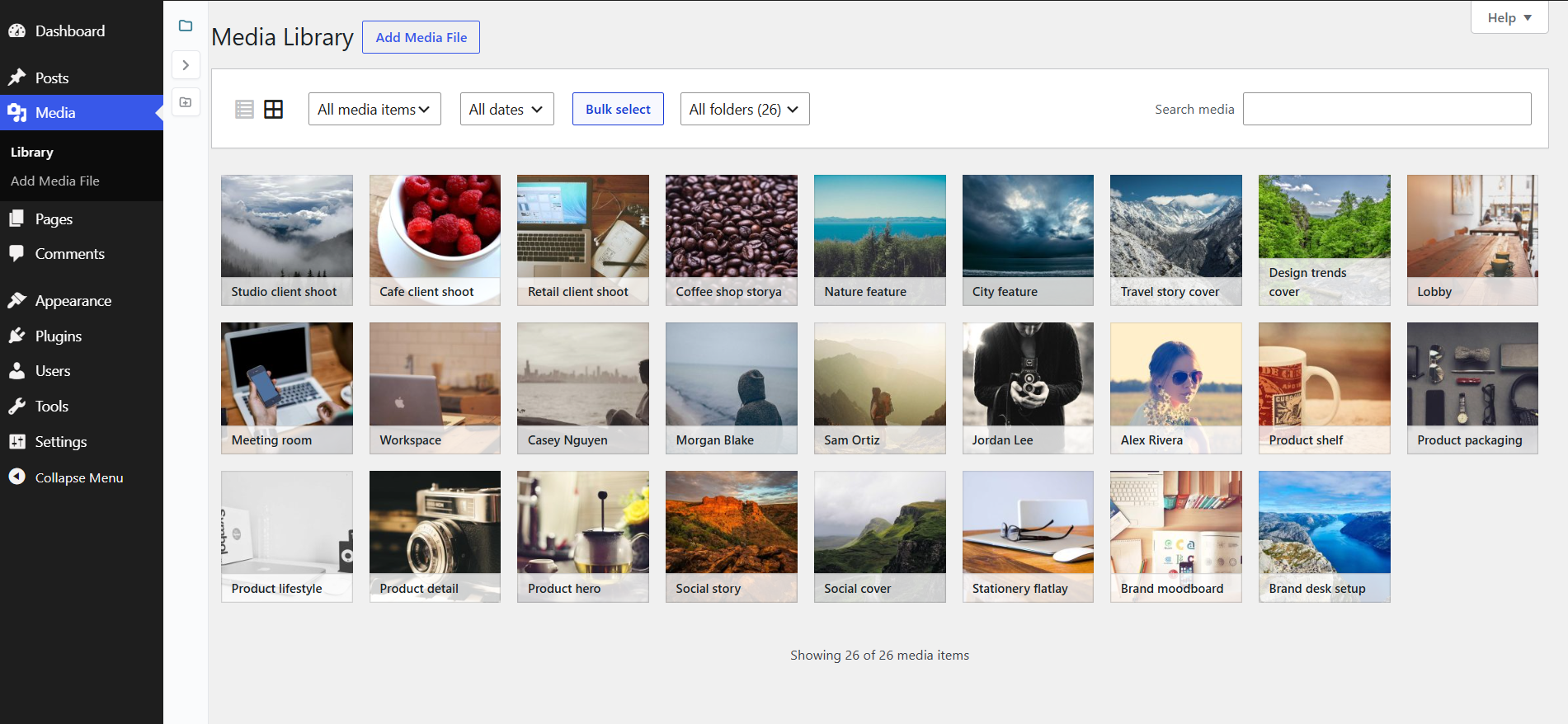 Media Library with the folder sidebar collapsed