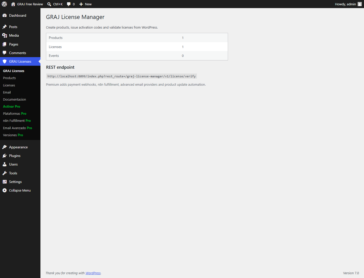 Dashboard summary with product, license and REST endpoint overview.