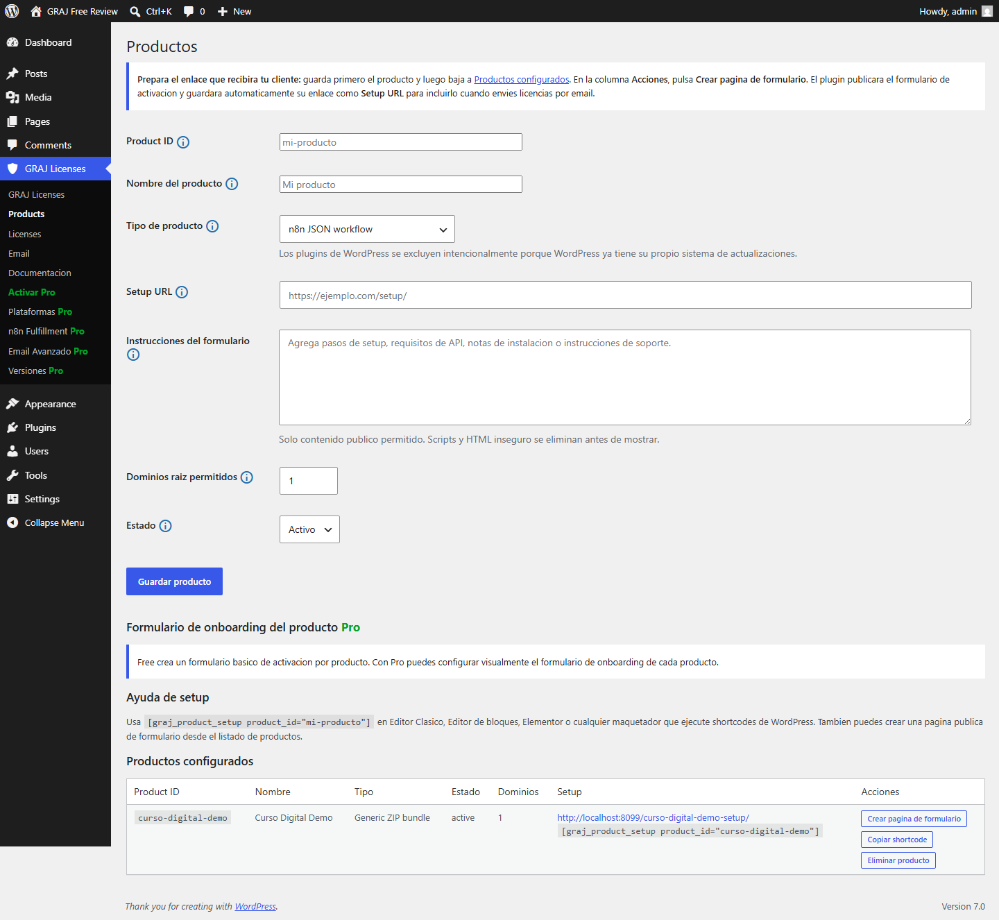 Product configuration with setup page and shortcode fields.