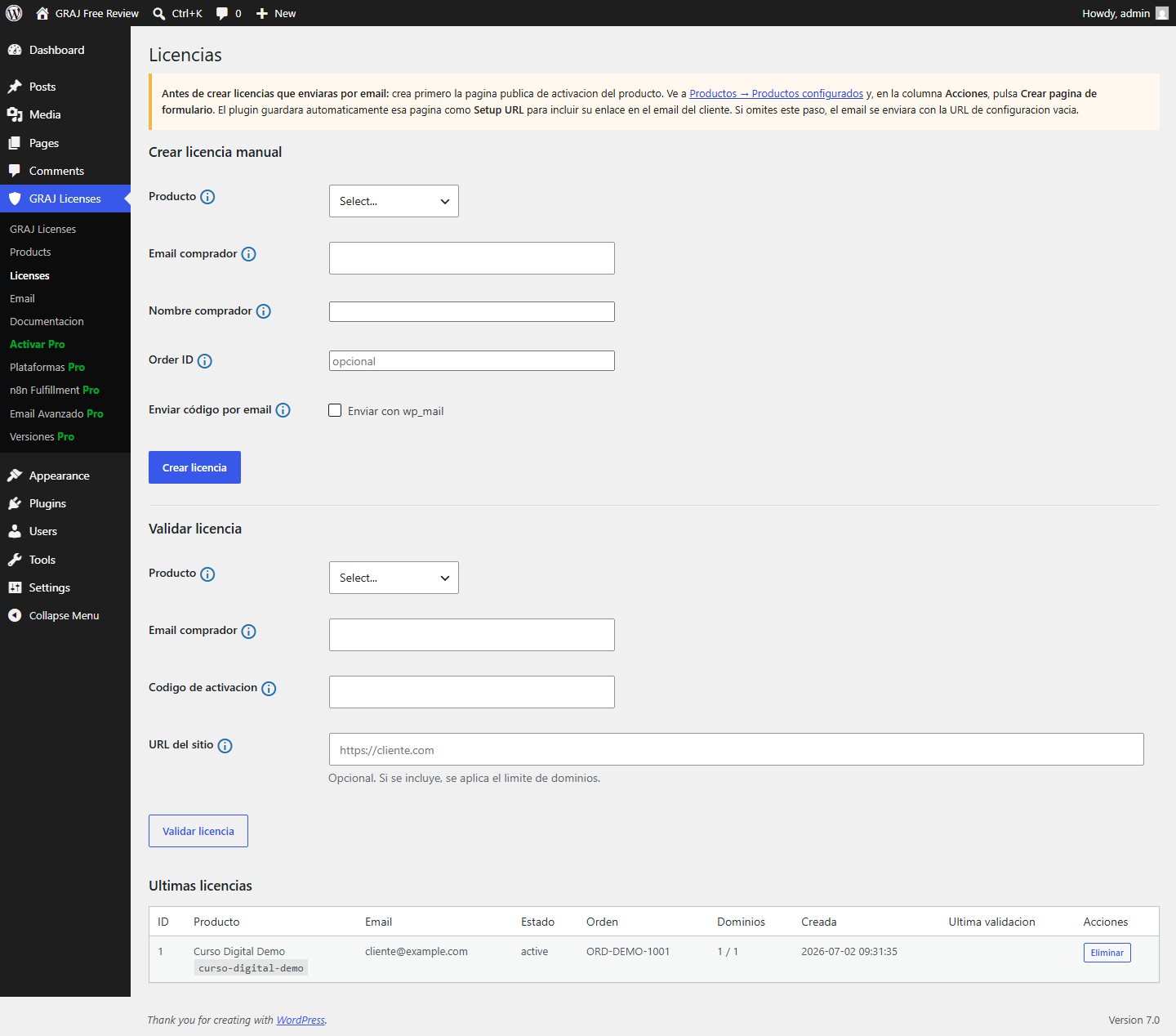 Manual license creation and recent license table.