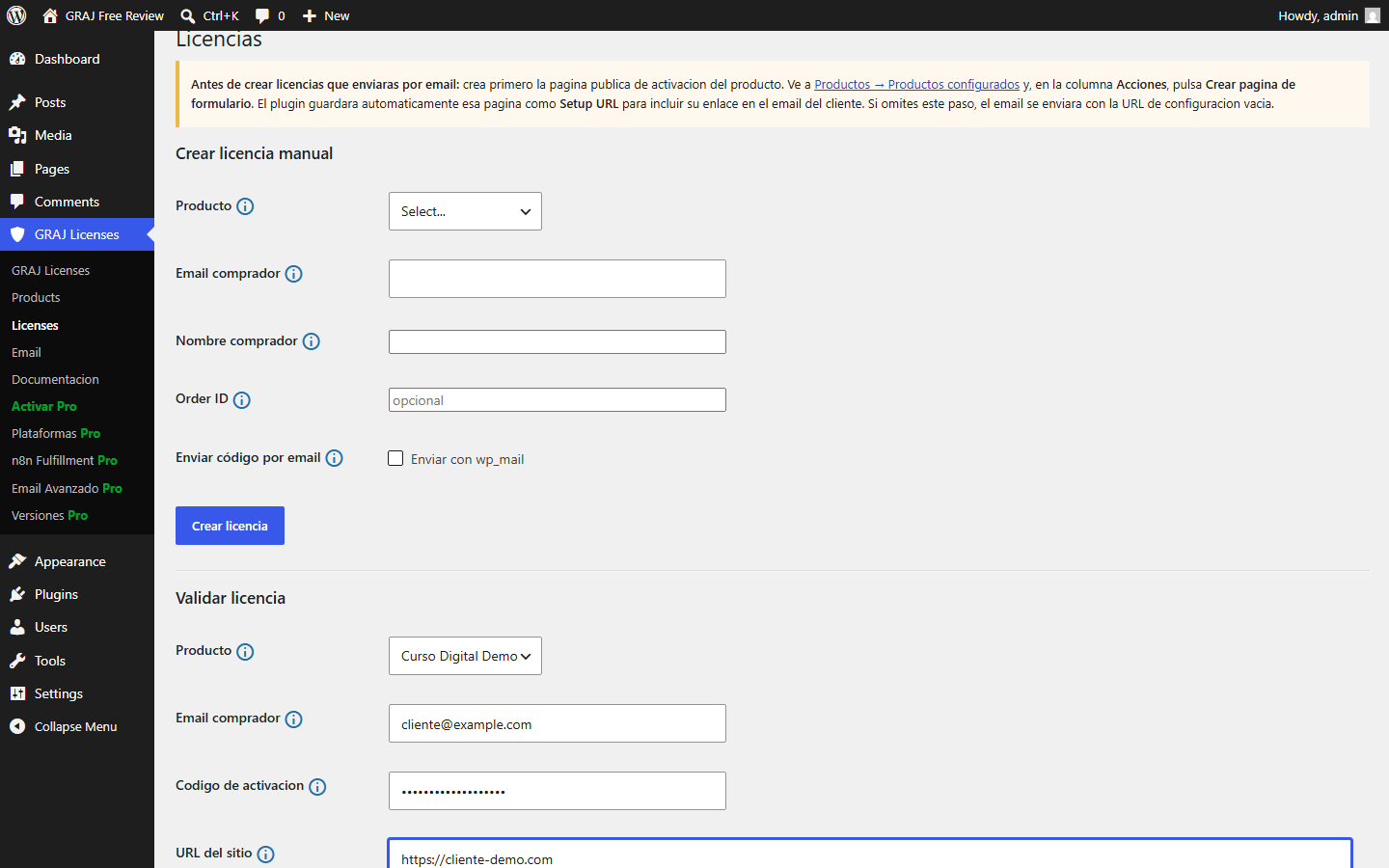 Admin license validation form with product, buyer, code and site URL fields.