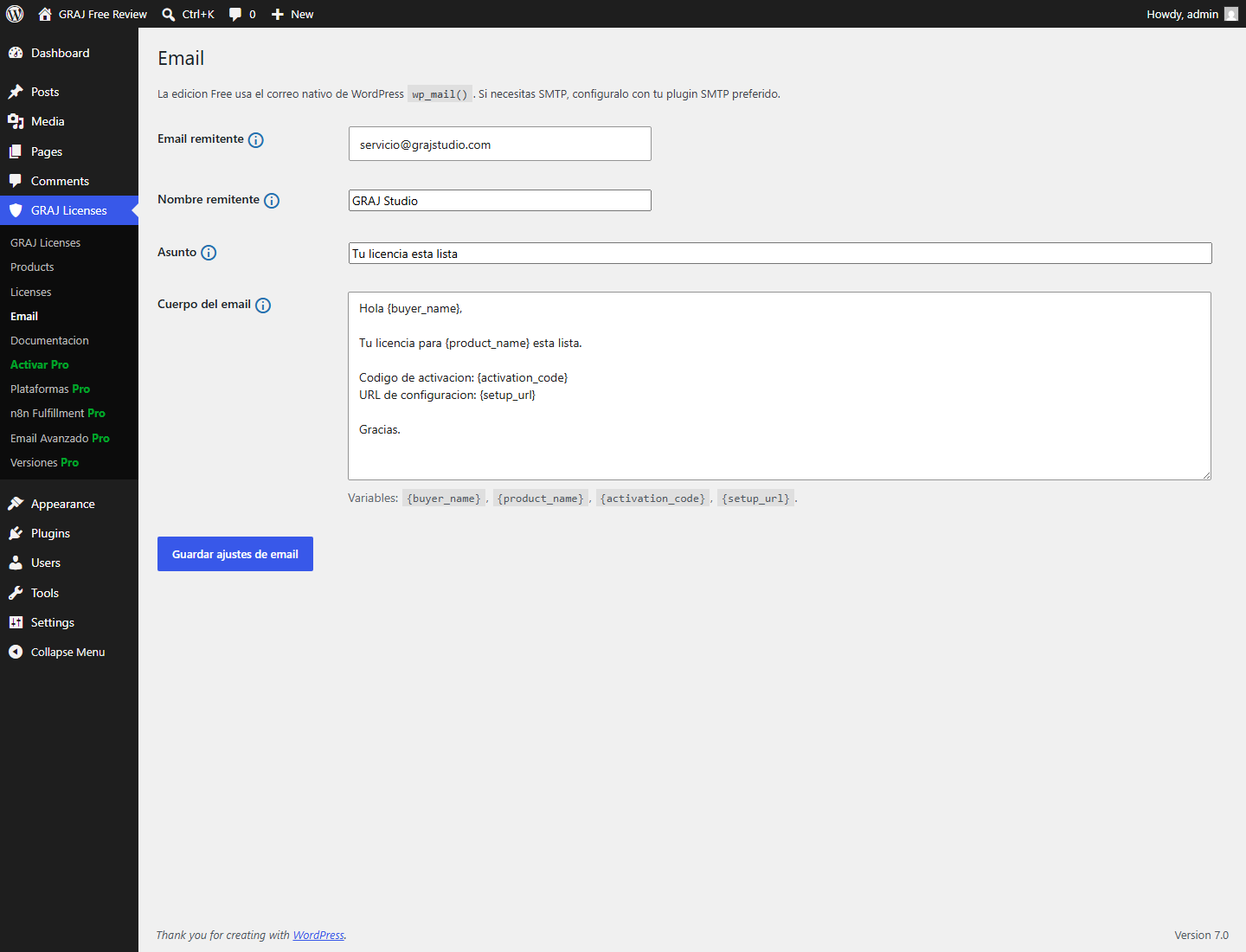 Basic email settings for license delivery through wp_mail().