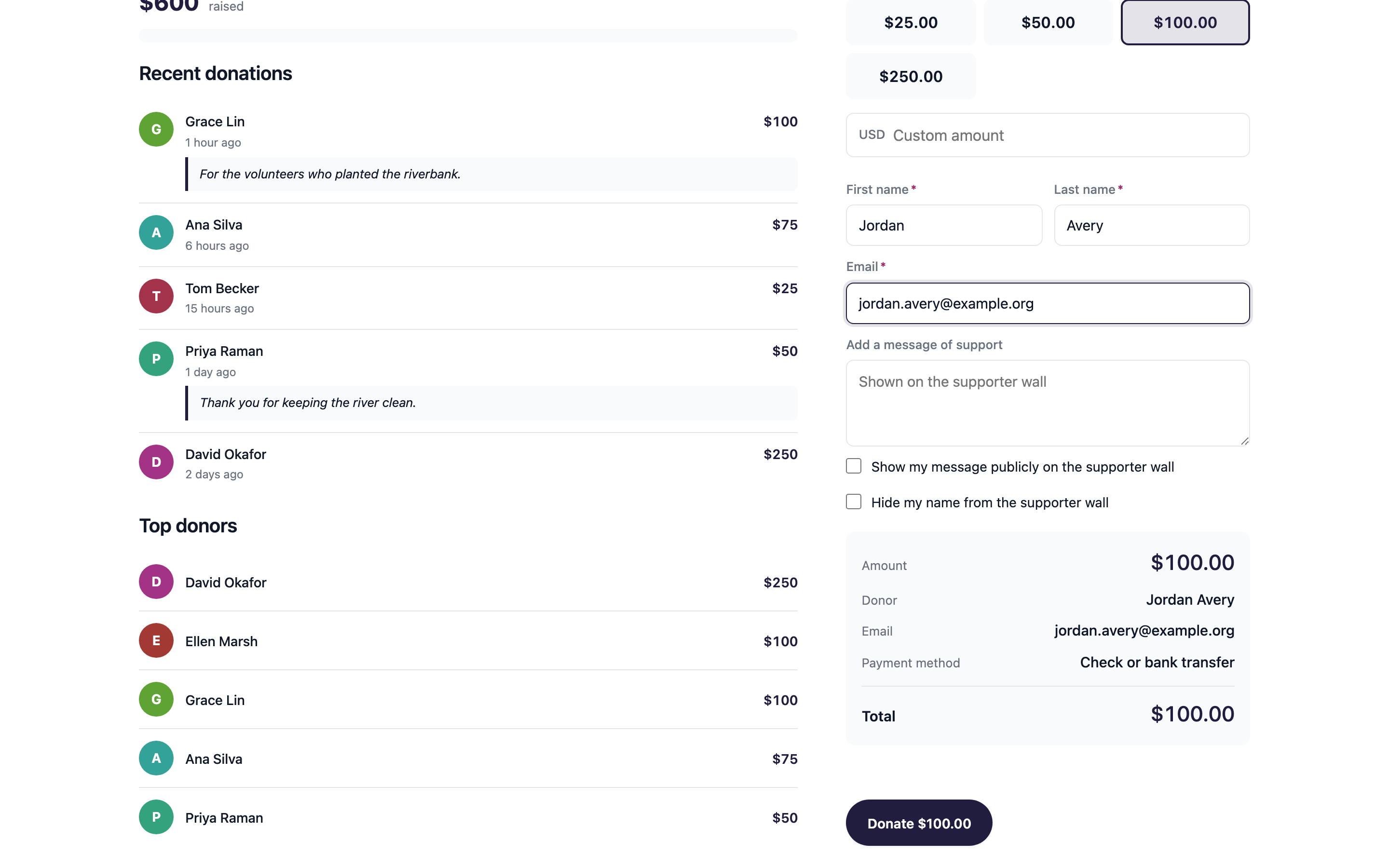 The donation form as a donor fills it in.