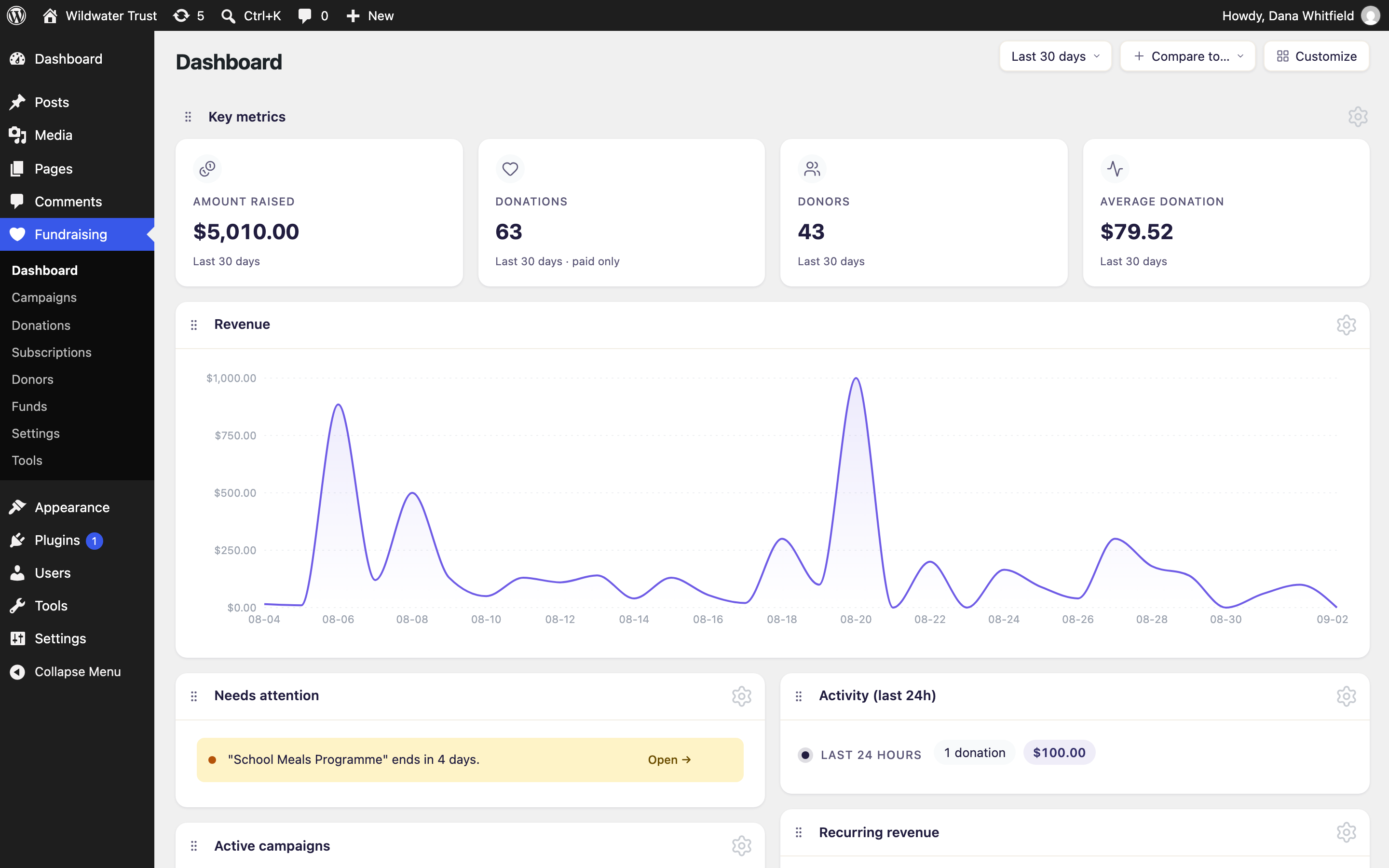The fundraising dashboard: what came in, where it came from, and what needs attention.