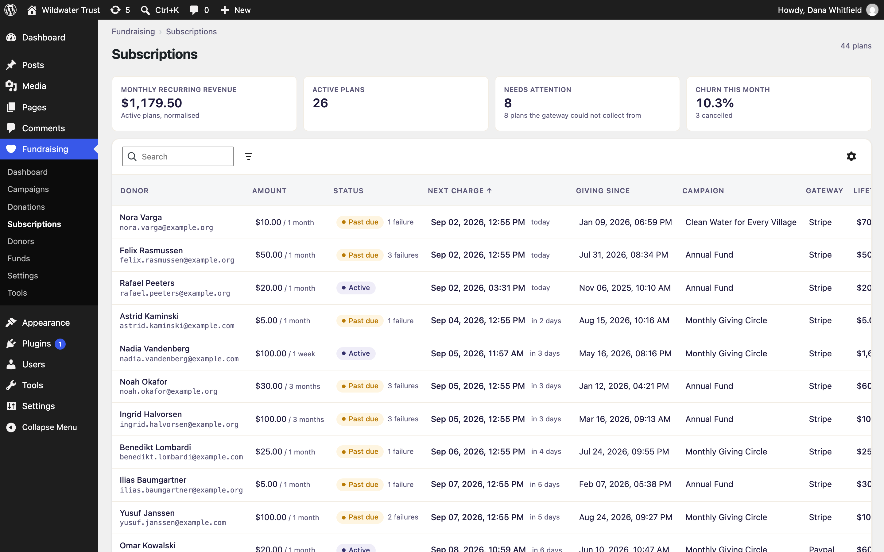 Recurring donations, with monthly recurring revenue and the renewals that need attention.