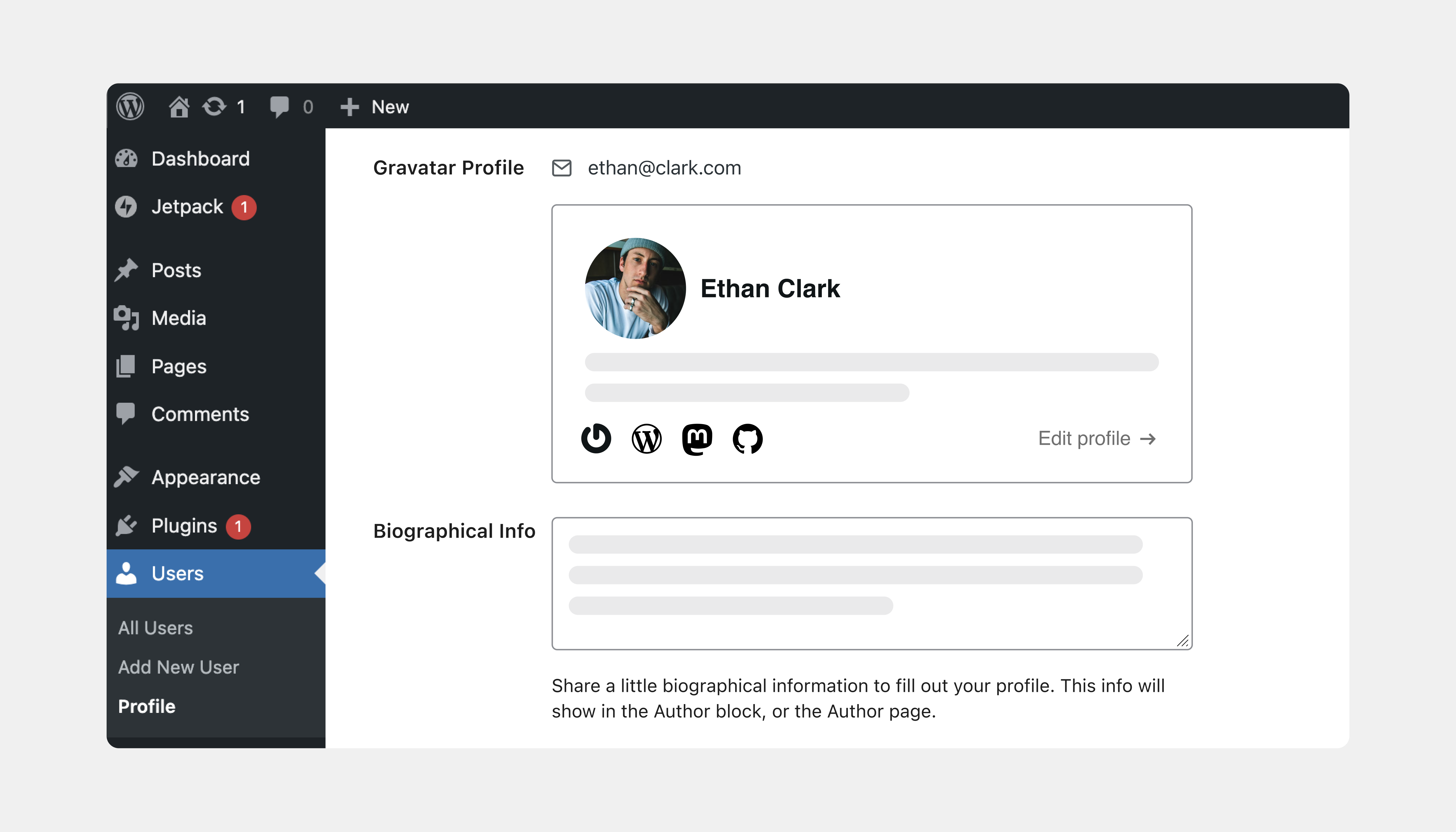 Gravatar card on profile page