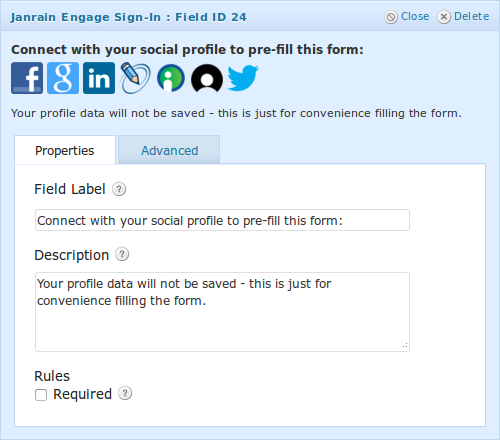 The field added when you click the 'Social Login' field button (in the
"Advanced Fields" section.
