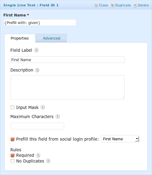 To enable social prefill on a field, check the "Prefill this field" option
and select the data you wish to use to prefill it from the dropdown.