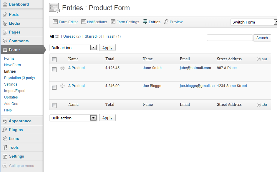 List of entries for the example form.