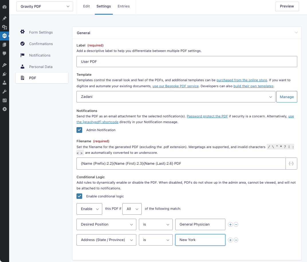 Select various PDF templates (designs), attach to Notification emails, give a unique filename using merge tags, and apply conditional logic to the PDF