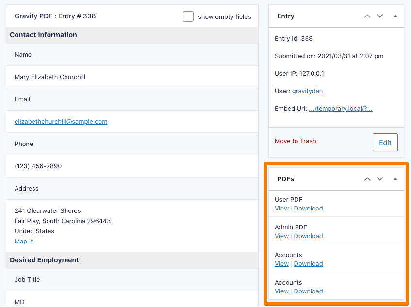 View or Download PDFs on the Gravity Forms Entry Details page from the <em>PDFs</em> metabox.