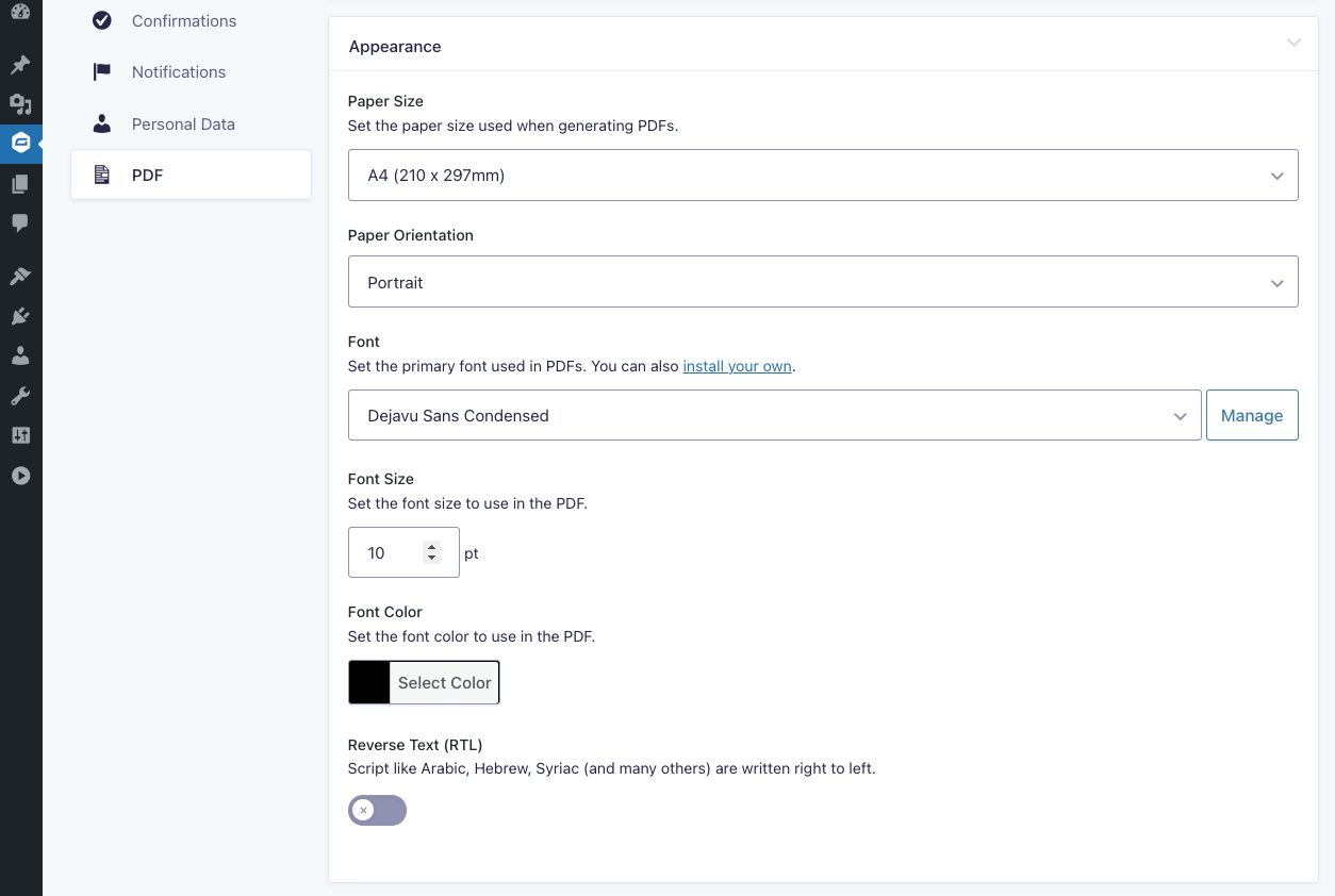 Control the paper size, orientation, font, size, and color, and whether to layout the document in RTL mode