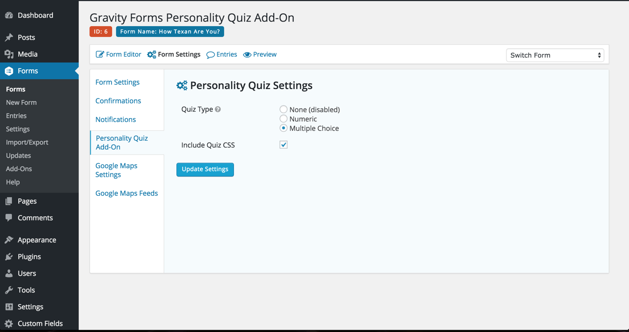 The quiz settings for the whole form