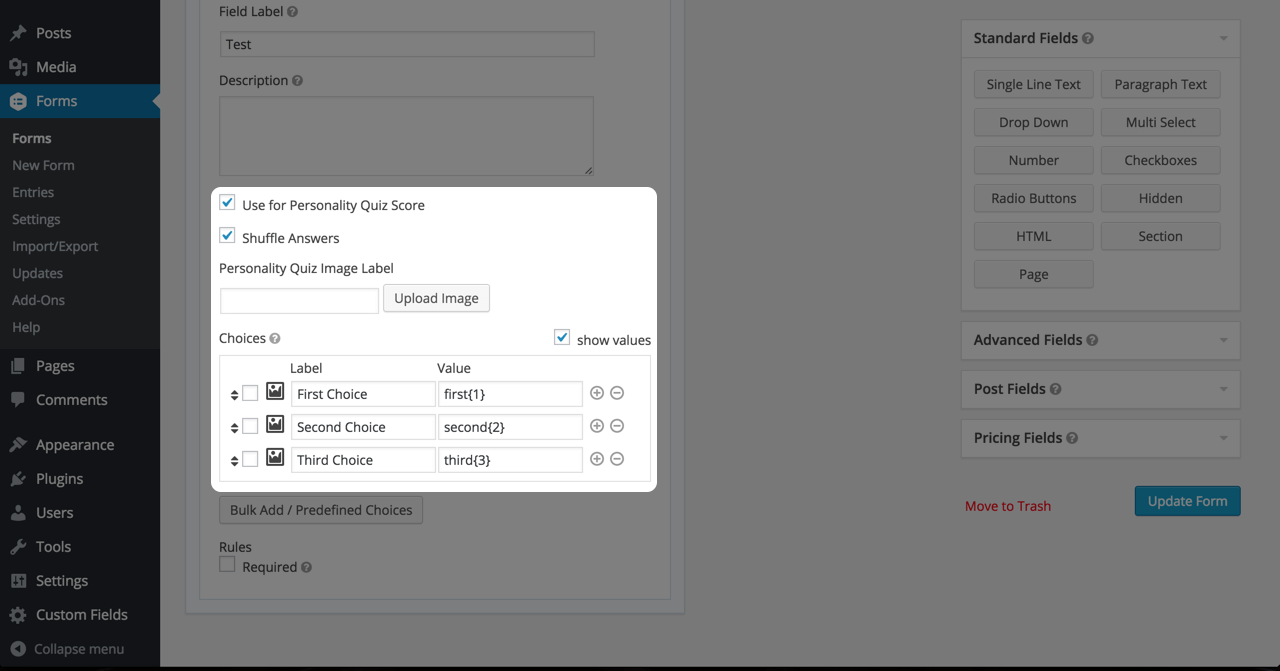 Sample settings for a field in a numeric quiz