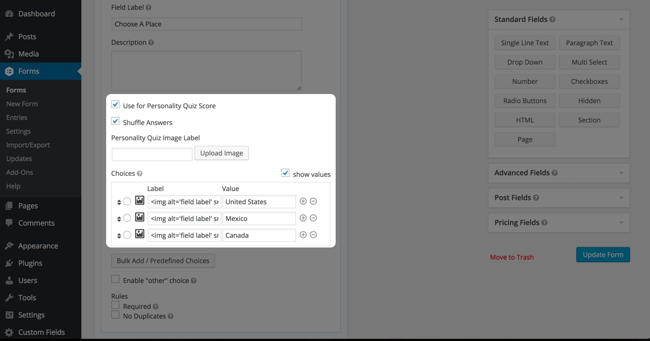 Sample settings for a field in a multiple choice quiz