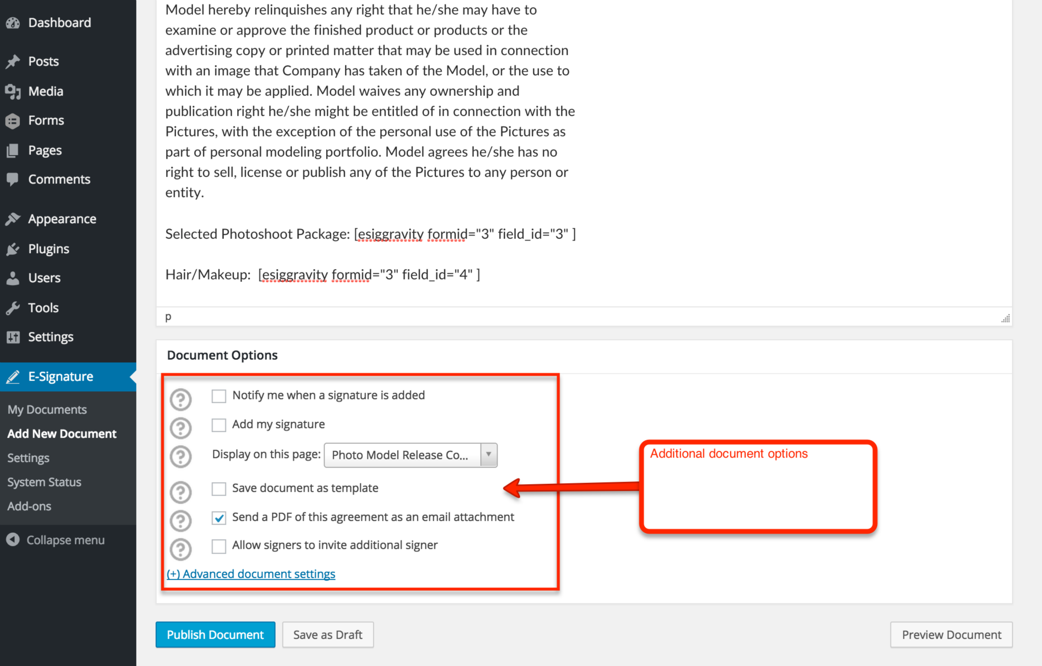 <strong>Document Signing Options (optional):</strong> WP e-signature by ApproveMe is a powerful e-signature tool filled with LOTS of customizable options i.e. Signing reminder Emails, Attach PDF to emails, Dropbox Sync, Auto Register WordPress Users, and TONS more.  To read all about the available add-on features (which come with the Elite or Lifetime license) you can checkout: <a href="https://www.approveme.com/esign-features/?utm_source=wprepo&amp;utm_medium=link&amp;utm_campaign=gravity-forms">https://www.approveme.com/wp-e-signature-features</a>