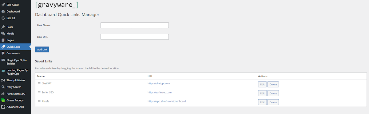Admin Interface: The interface to manage, edit, and reorder links.