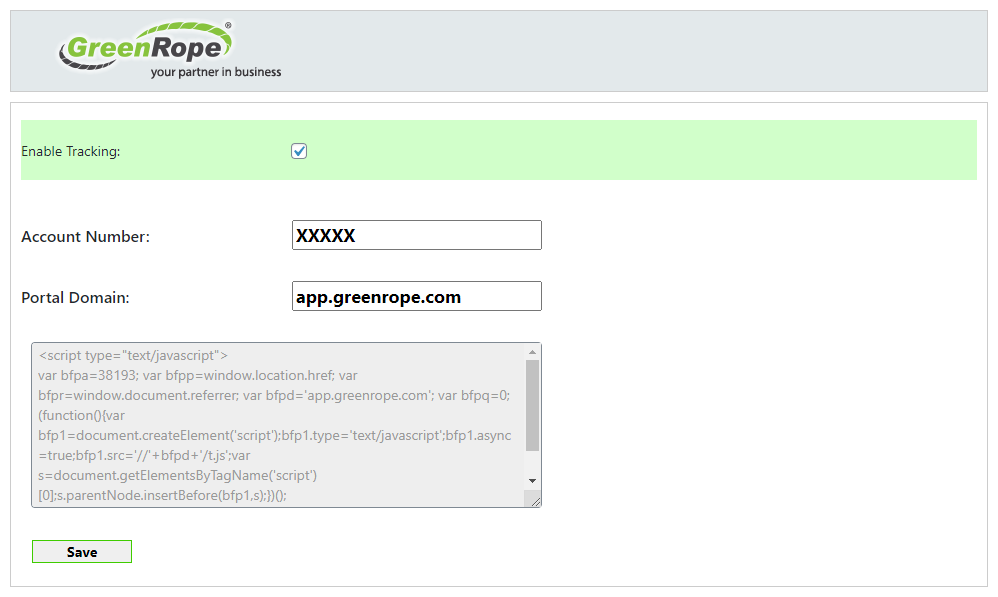 This is the easy to use settings screen where you simply add your GreenRope account number and check the "enable tracking" box. You can find your GreenRope account number by logging in to your GreenRope account (https://app.greenrope.com/app2/login.pl) and going to the My Account > Subscription page.