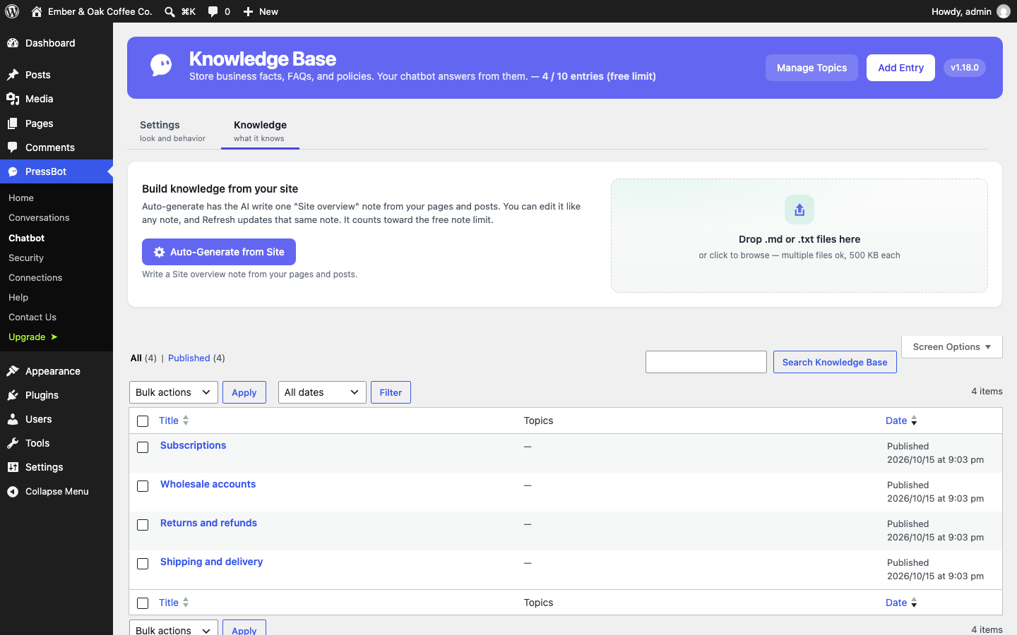 Knowledge base: notes the chatbot answers from, for anything that is not on your site.