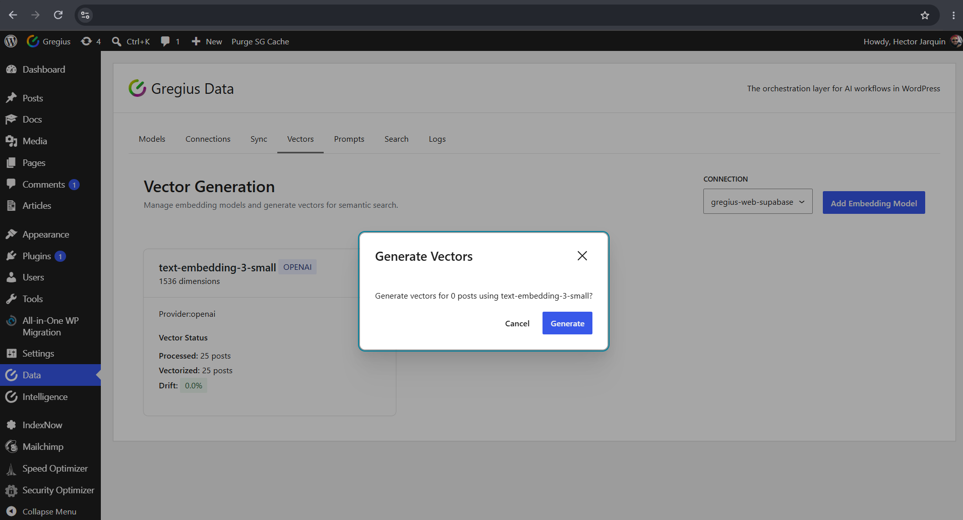 Generate vectors in batches for pending content, with live progress and a stop control.