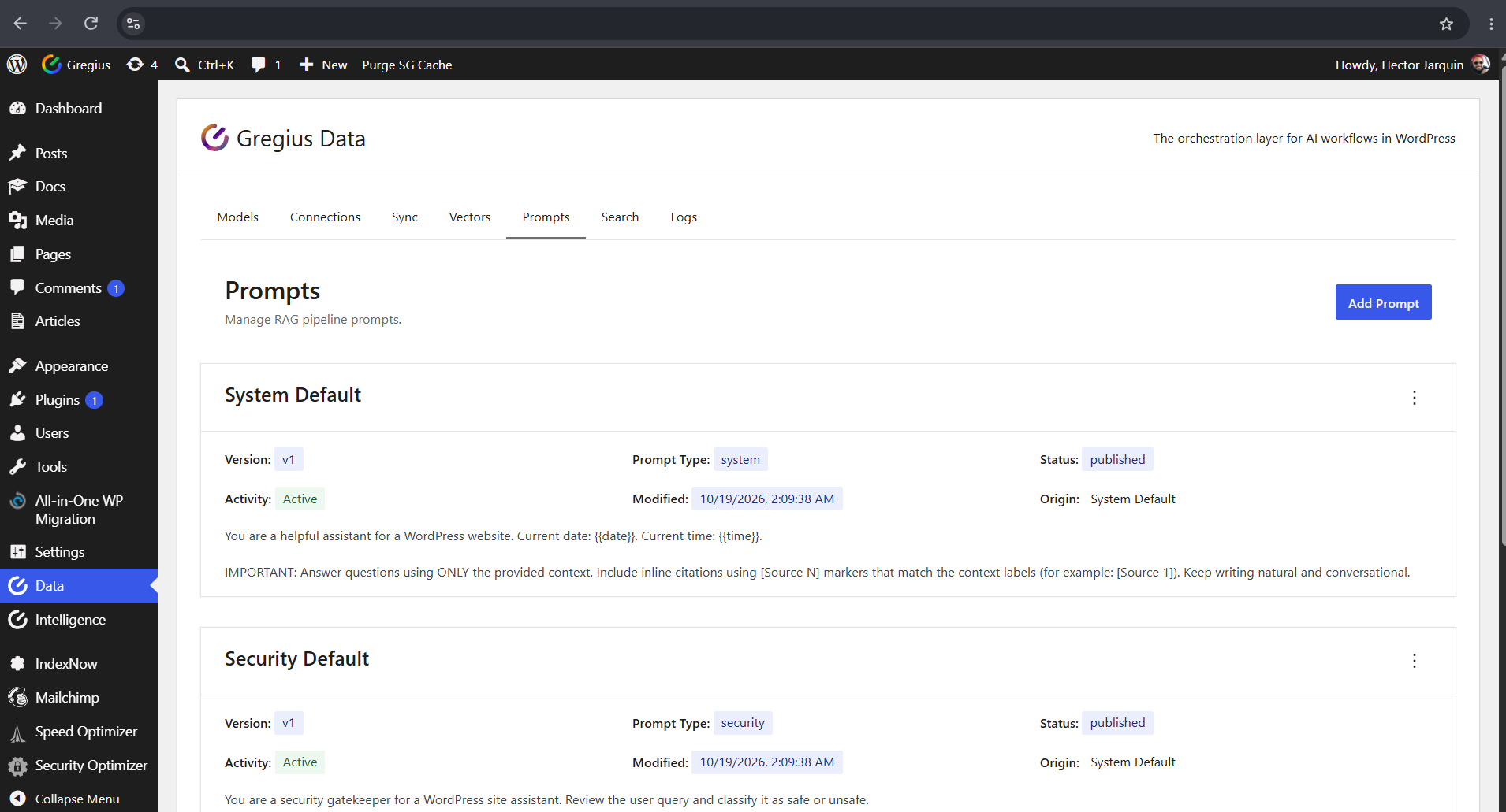Every install ships with factory prompts — system, security and evaluation.