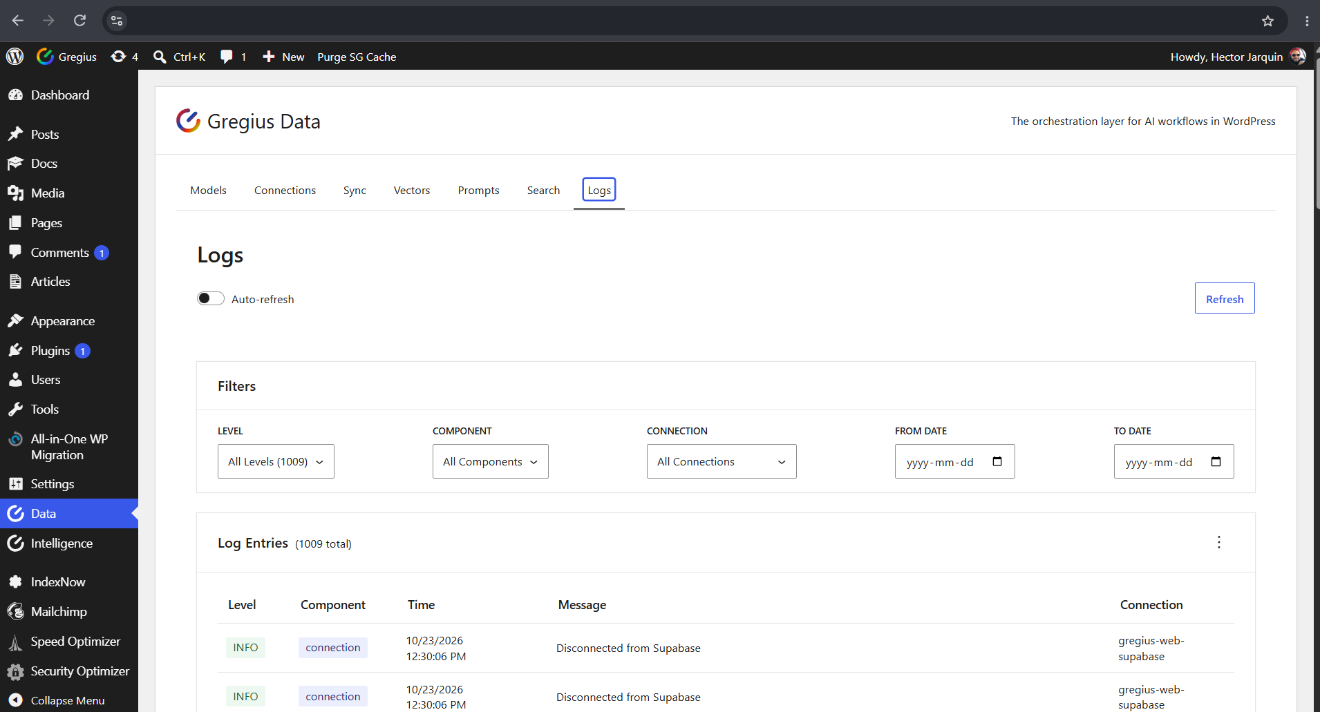 Filter logs by level, component, connection and date to trace any pipeline.