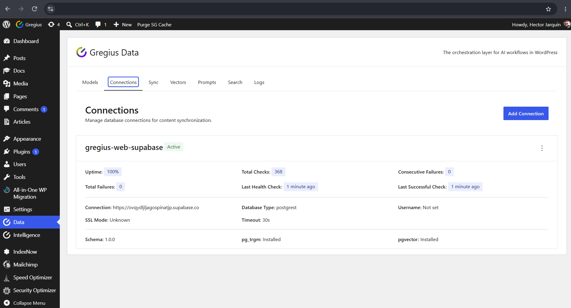 Monitor each connection: uptime, health checks and database extension status.