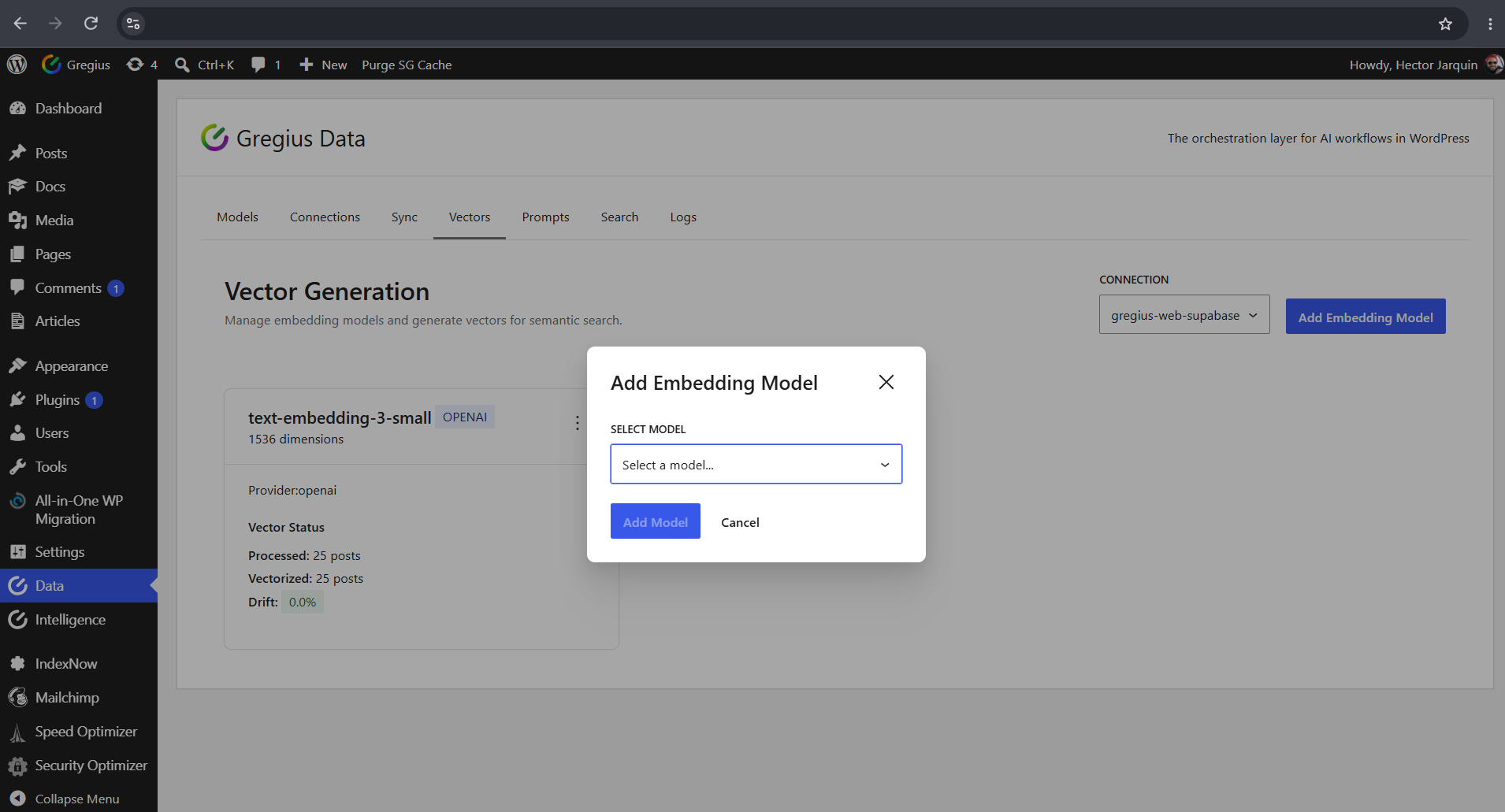 Attach any registered embedding model to the selected connection in one step.