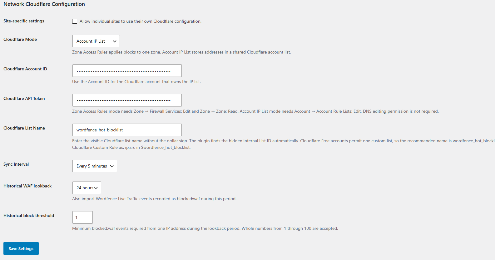 Configure Cloudflare Account IP List mode, synchronisation interval, historical WAF lookback, and block threshold from Network Admin.