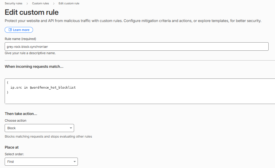 Configure a Cloudflare Custom Rule to block requests from addresses contained in the synchronised IP list.