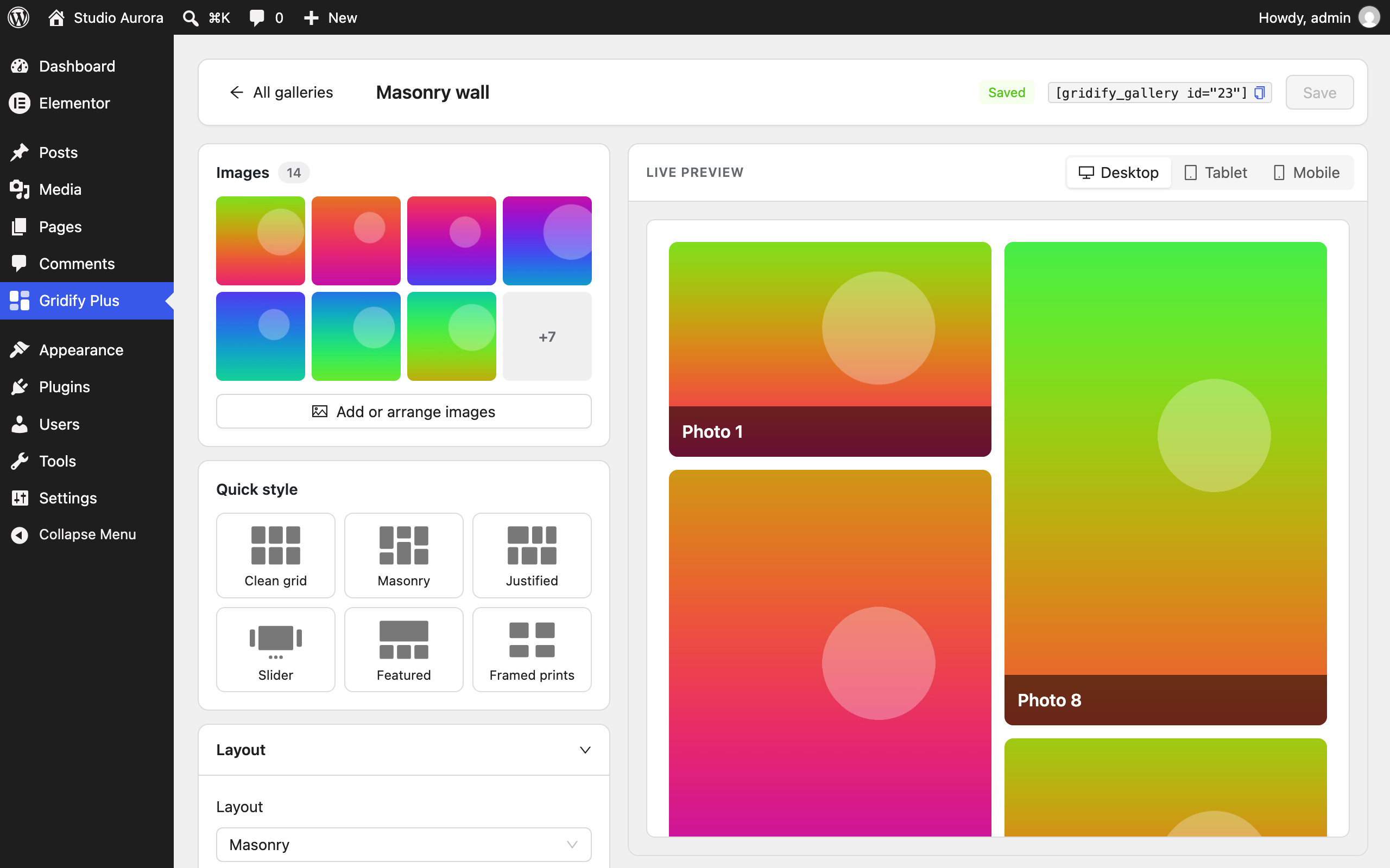 The gallery editor: settings on the left, a live preview for desktop, tablet and mobile on the right.