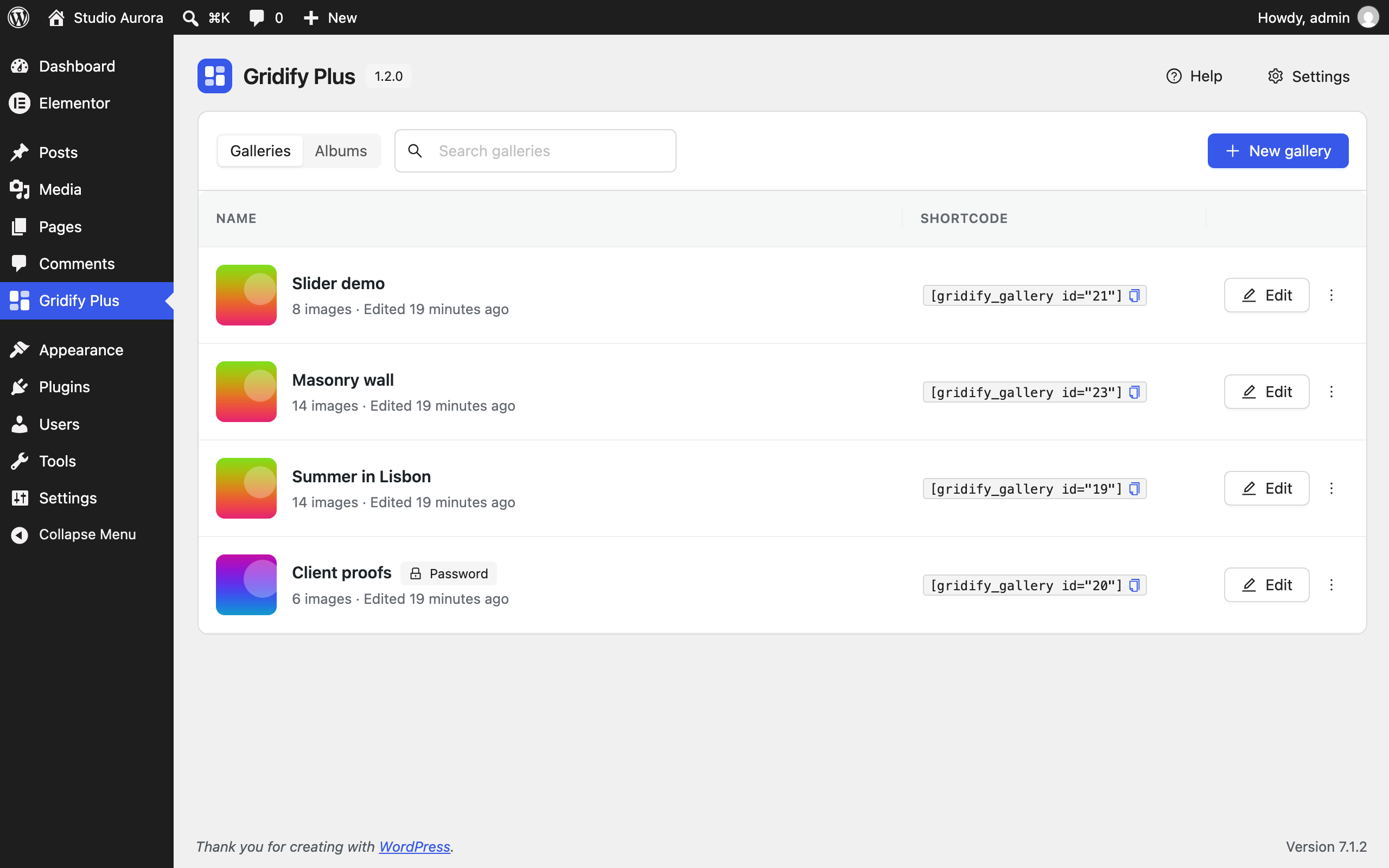 All your galleries and albums in one place, each with its shortcode ready to copy.