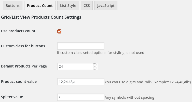 Product count settings