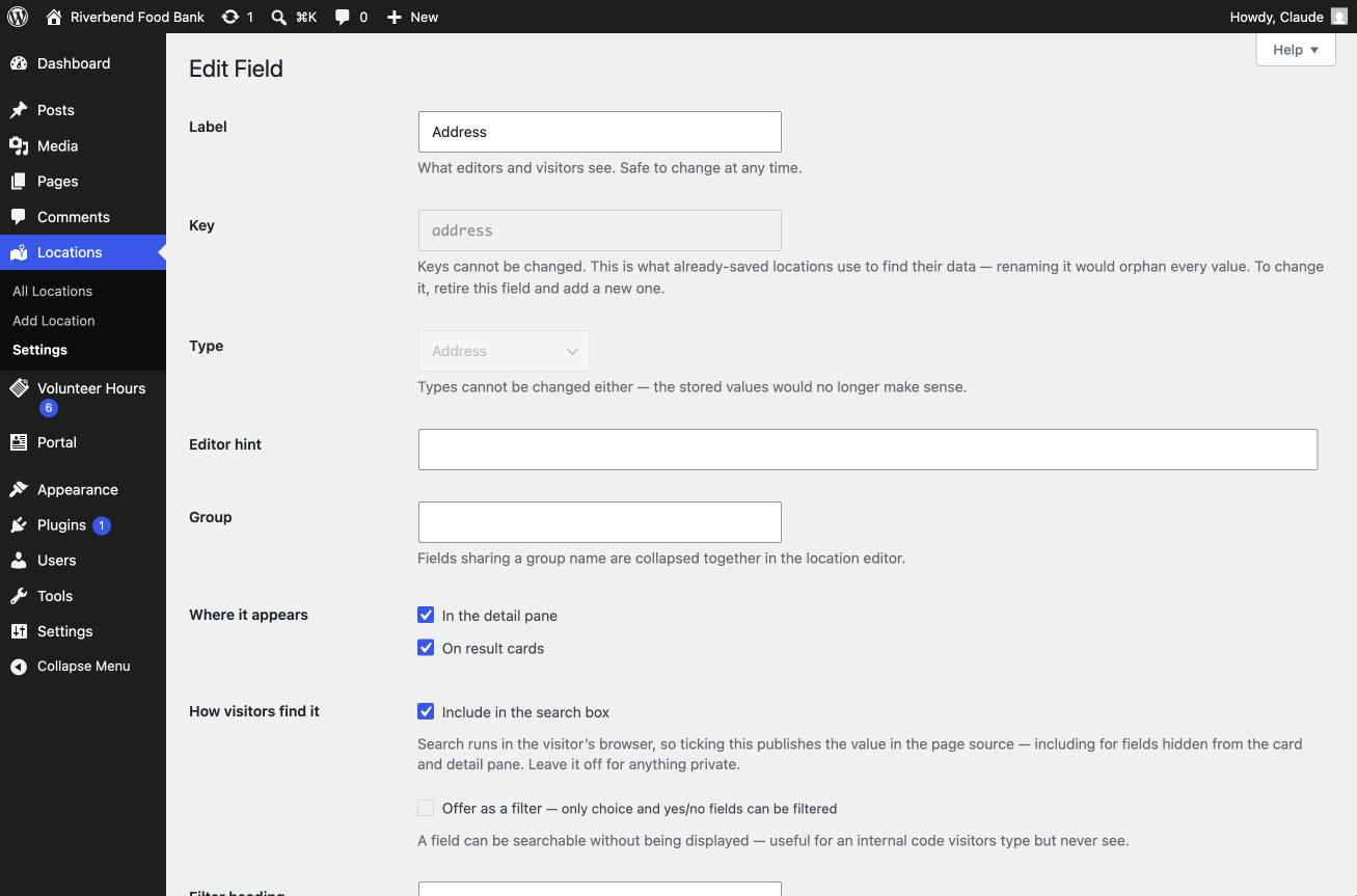 Defining a field: type, label, and where it appears.
