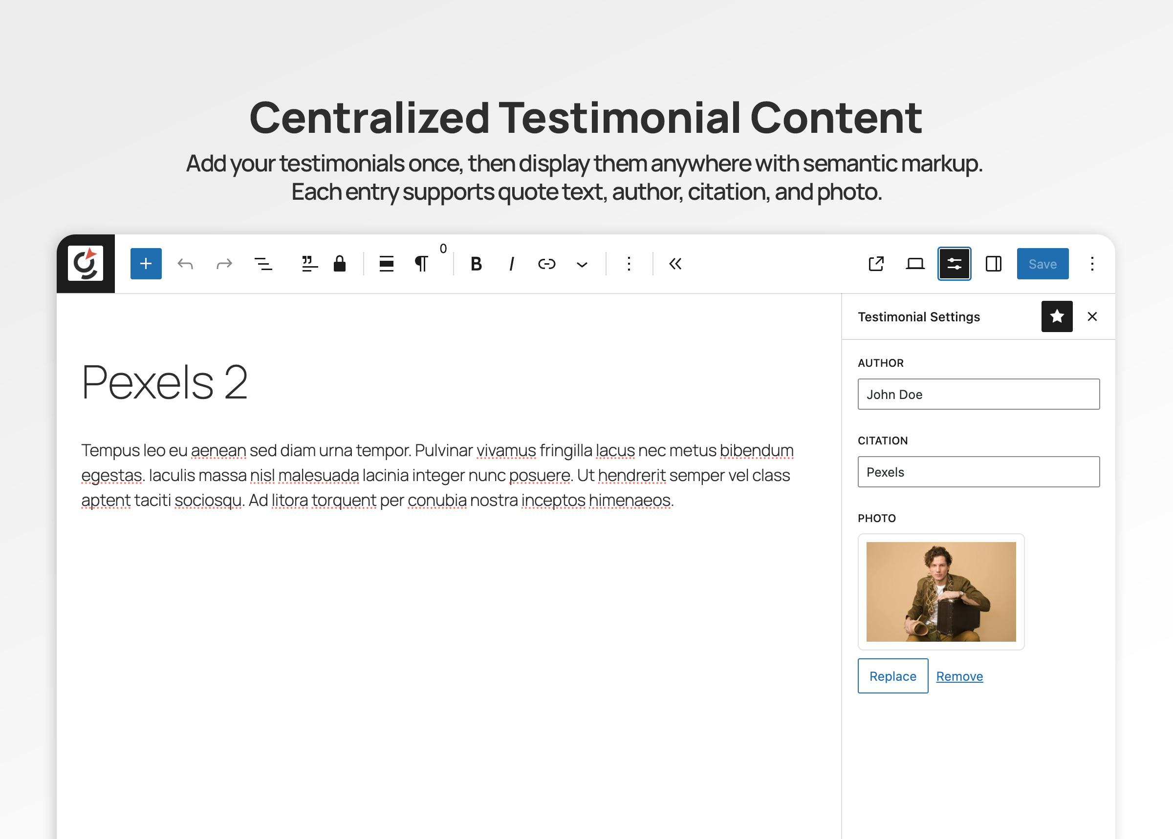 Testimonial post type with quote, author, citation, and photo fields.