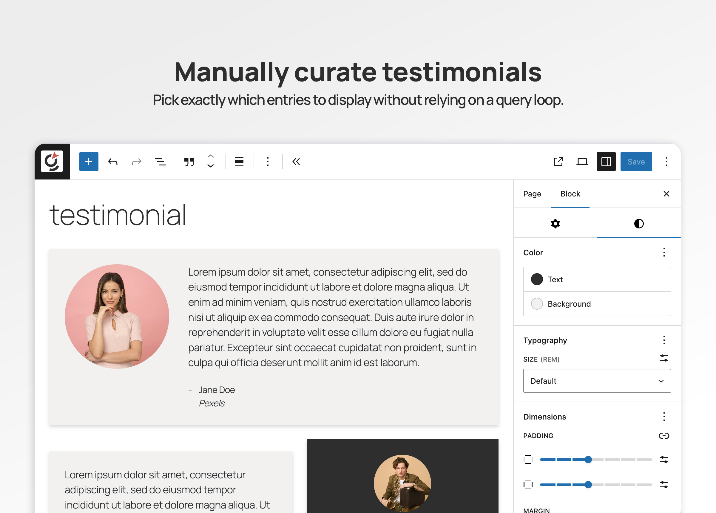 Manually curated testimonials in the editor.