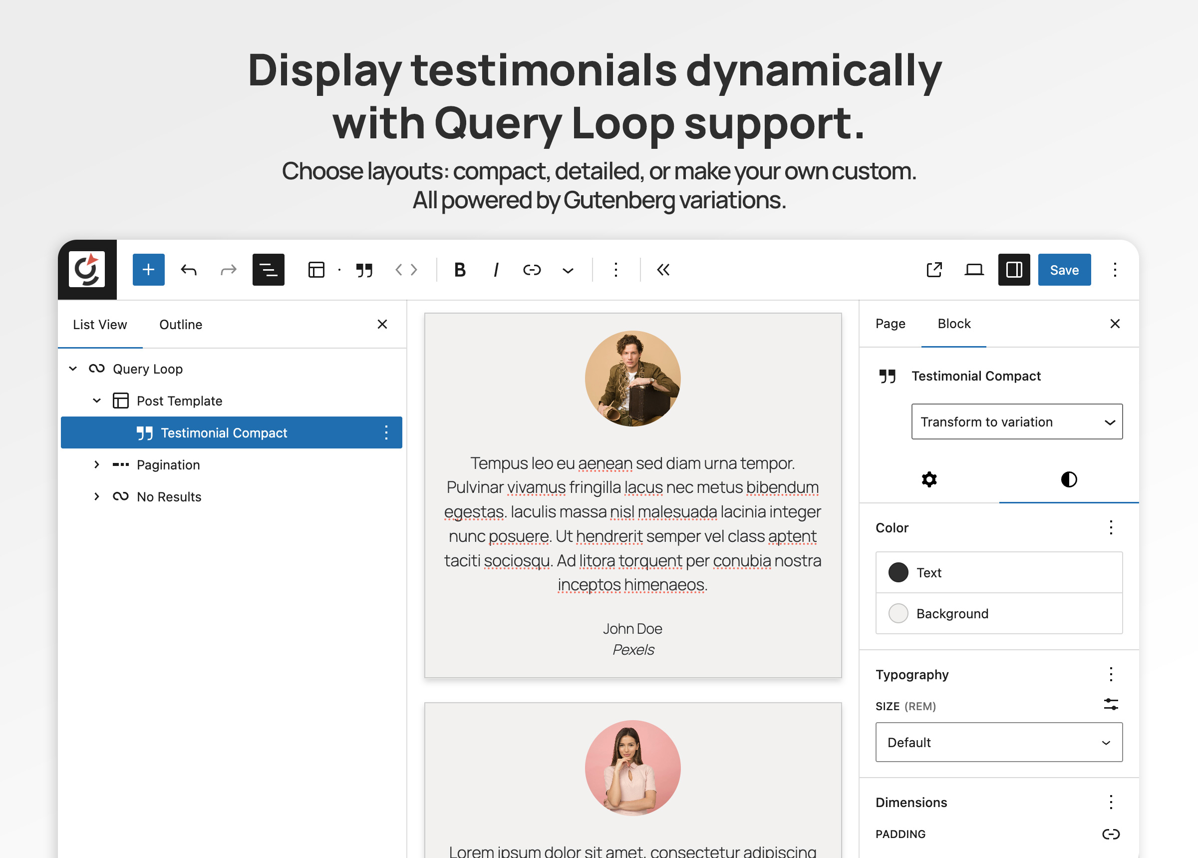 Displaying testimonials with Query Loop.