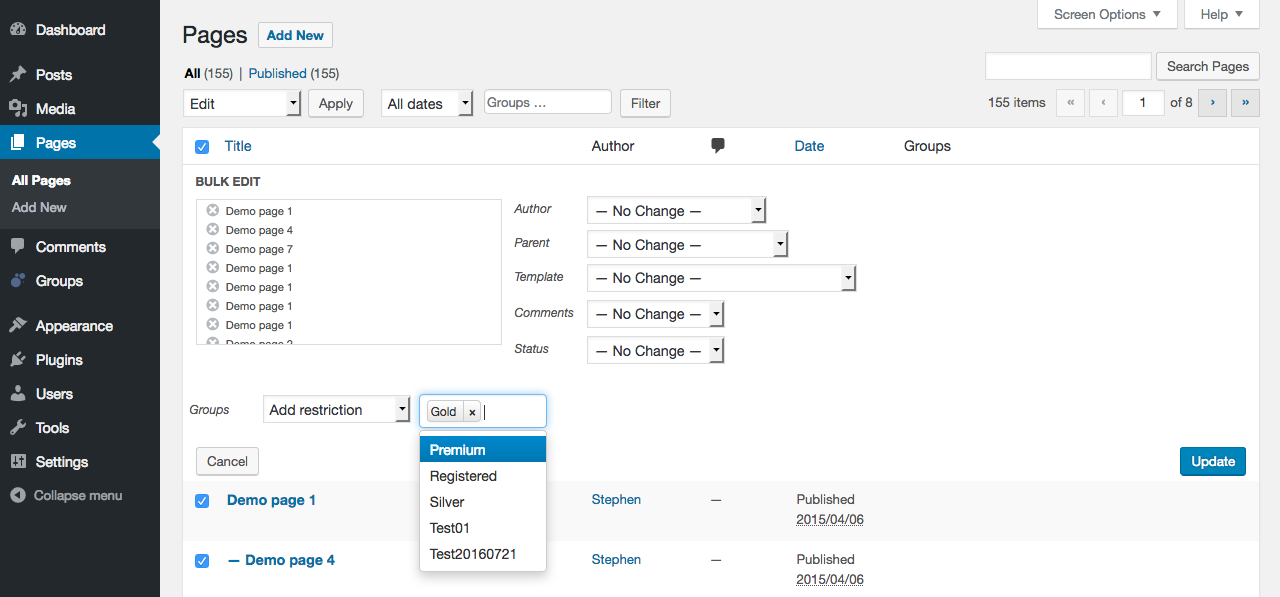 Add or remove access restrictions based on groups in bulk.