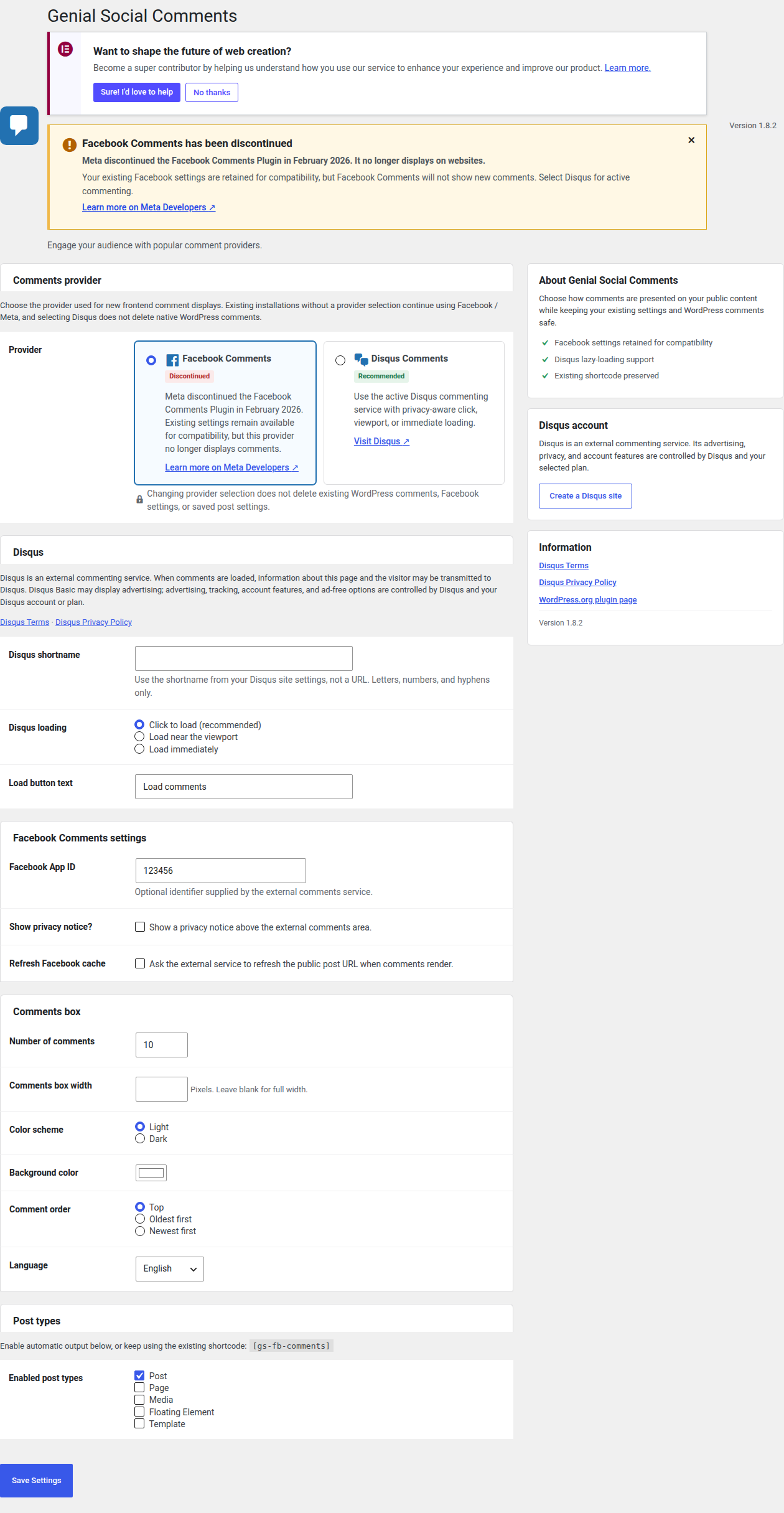 <p>Genial Social Comments settings page with provider selection and configuration.</p>