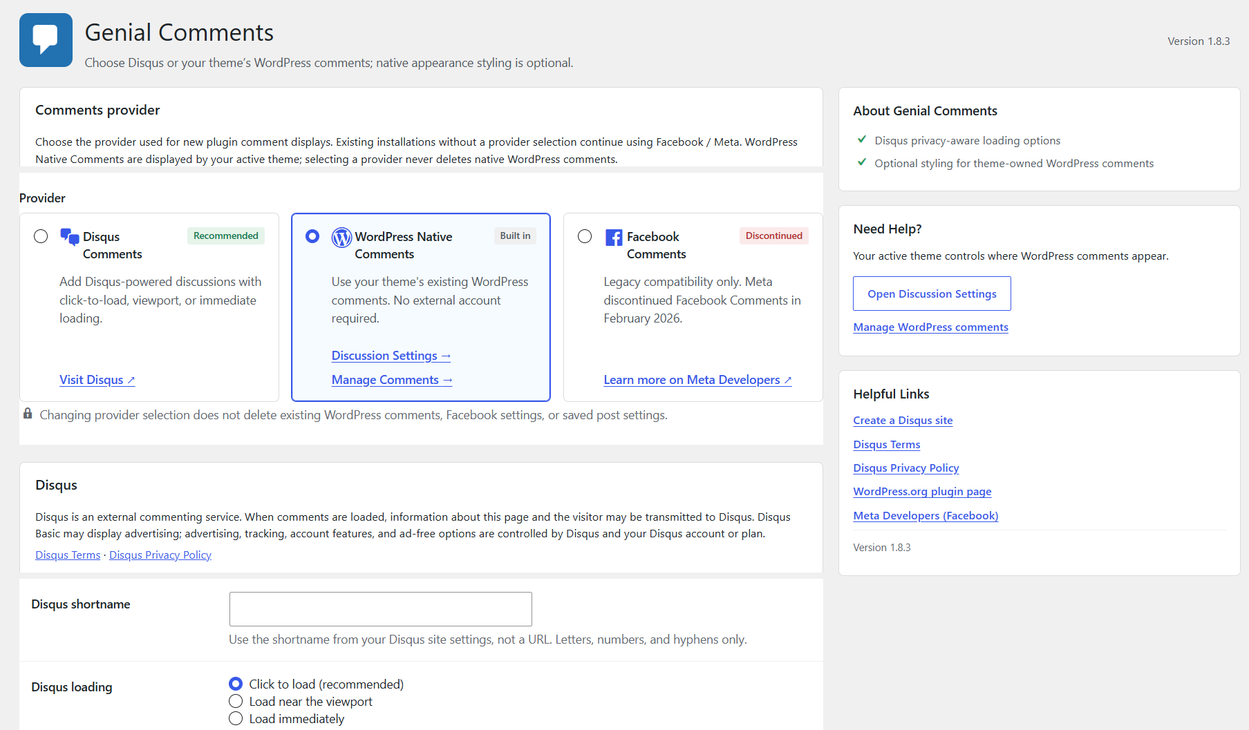 Genial Comments settings with Disqus, WordPress Native Comments, and legacy Facebook provider selection.