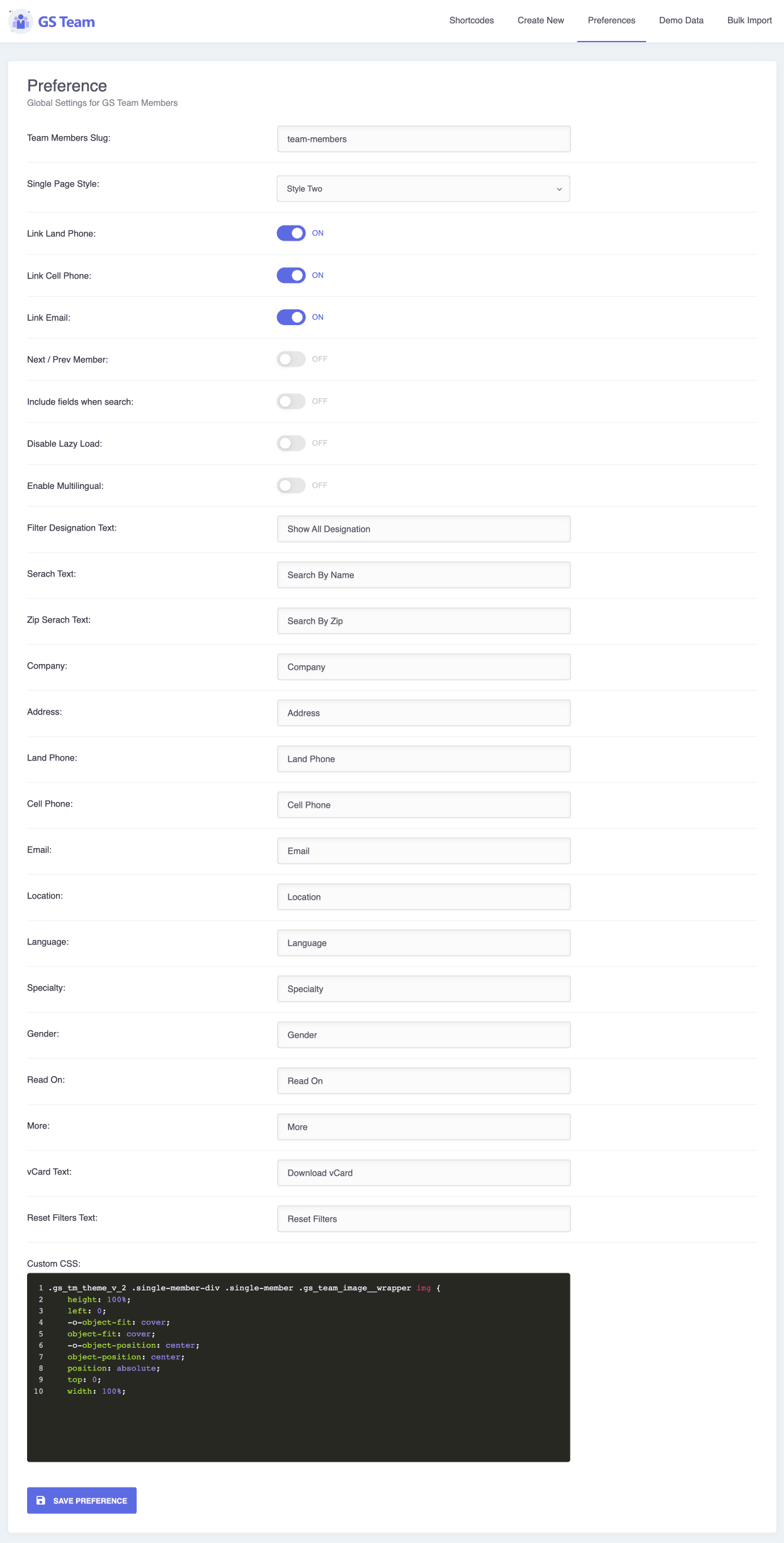 Preferences / Localization / Custom CSS, Skip Lazy Loading & many other options.